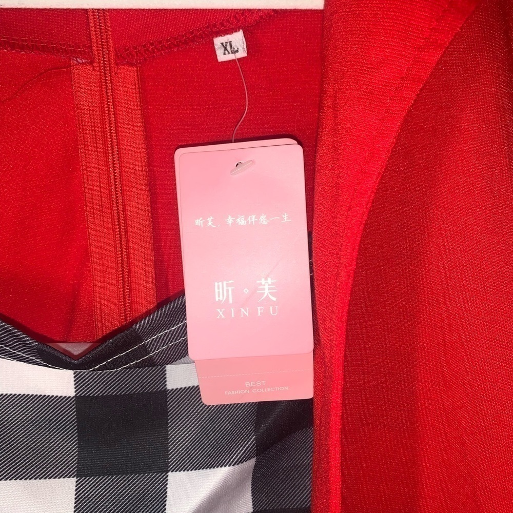 Xinfu Checkered Midi dress with attached Red jacket New size XL - Picture 3 of 6